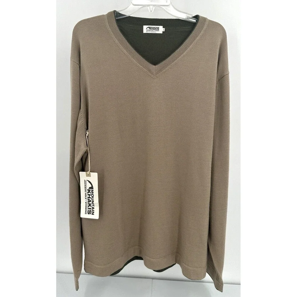 MOUNTAIN KHAKIS 100% MERINO WOOL V NECK SWEATER Mens Size XXL Retro Khaki SOFT!!